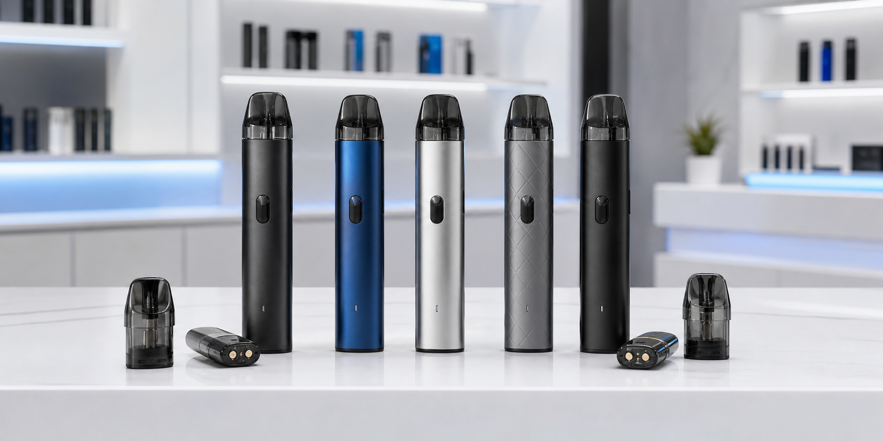 Reusable pod vape kits lined up after the UK disposable vape ban