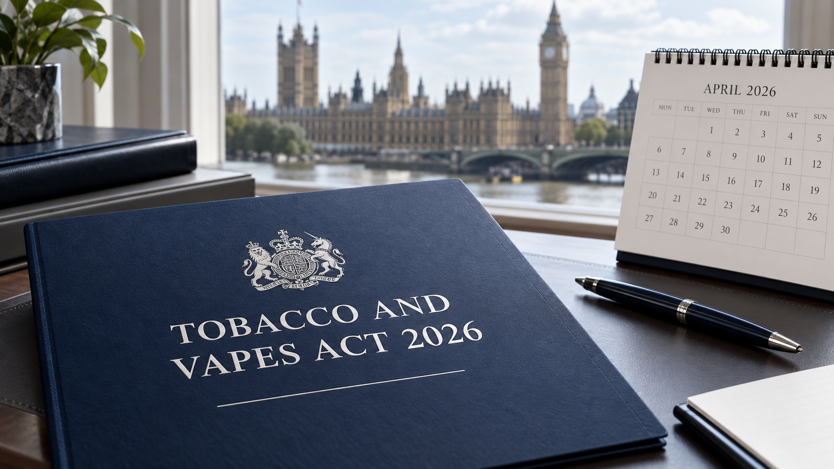 Editorial illustration of a Tobacco and Vapes Act 2026 folder with Parliament in the background