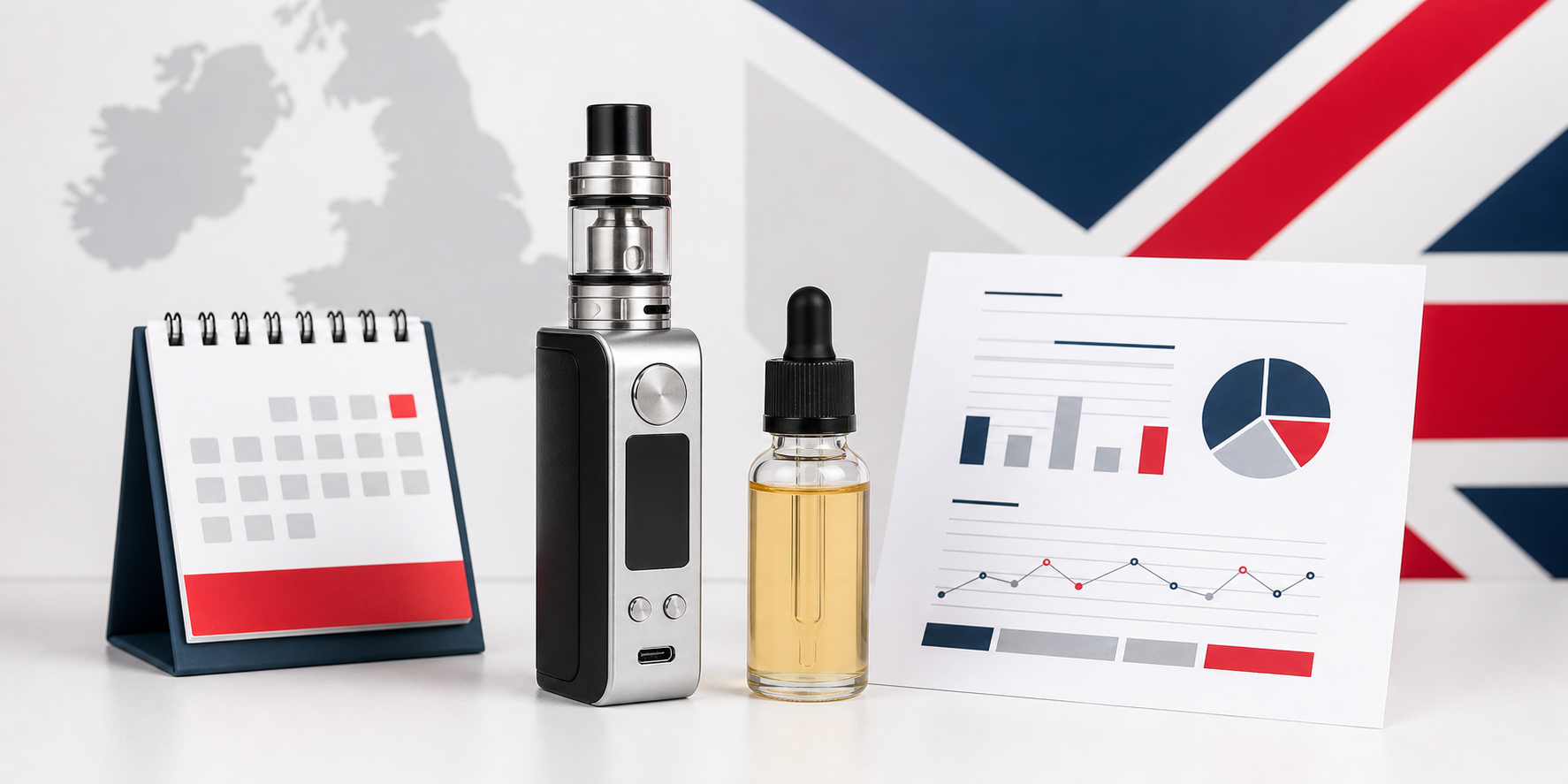 UK vaping rules 2026 guide image with vape kit e-liquid and calendar