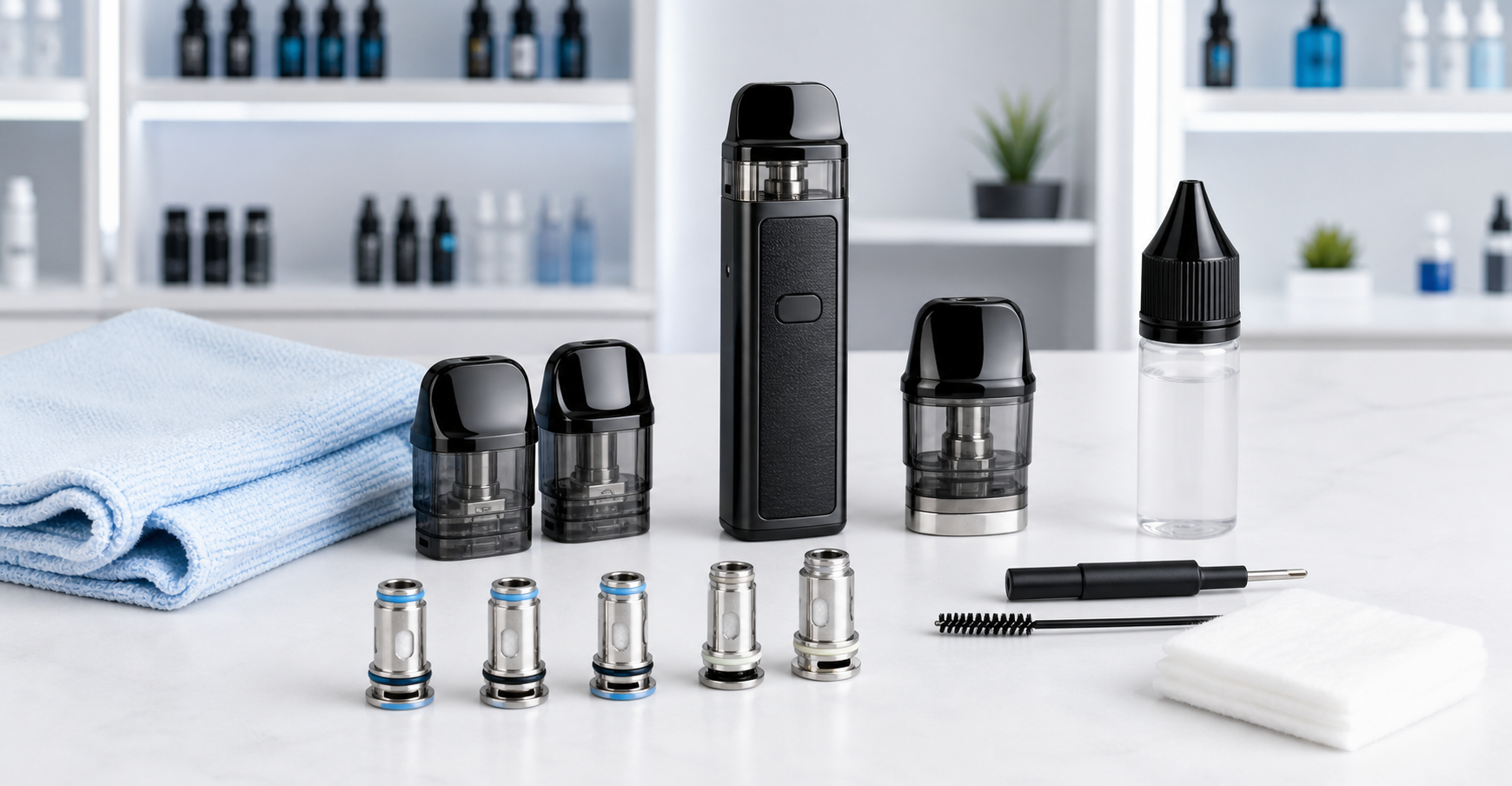 Replacement vape pods and coils arranged for a maintenance guide