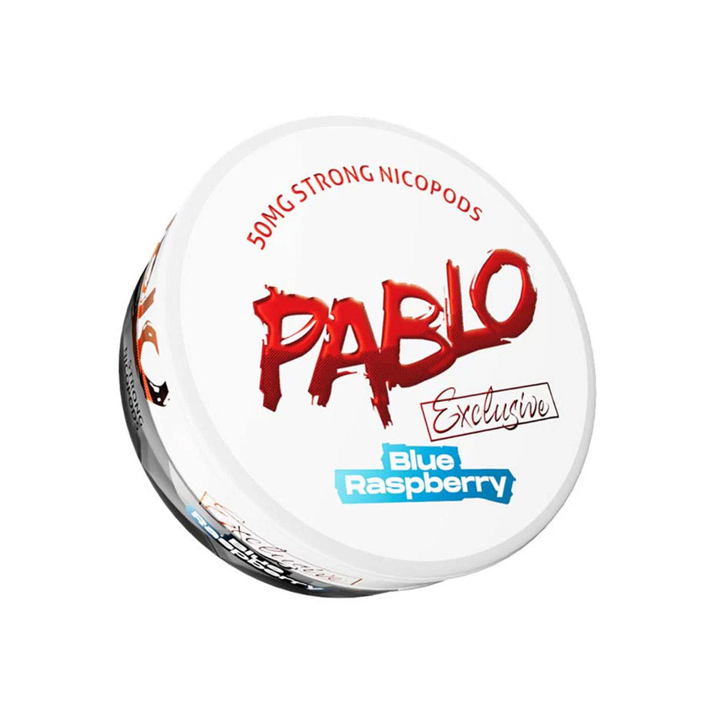 Pablo Exclusive Blue Raspberry nicotine pouch can, 50mg/g and 30mg per pouch