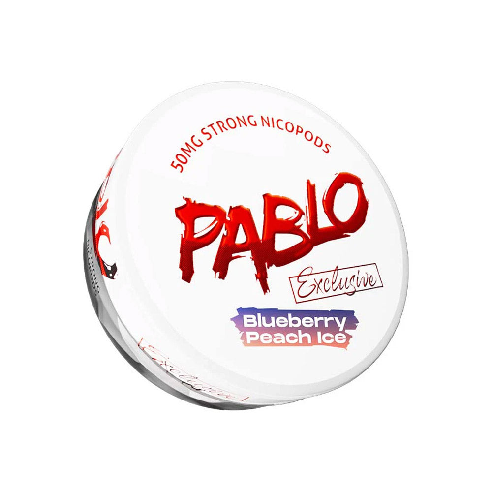 Pablo Exclusive Blueberry Peach Ice nicotine pouch can, 50mg/g and 30mg per pouch