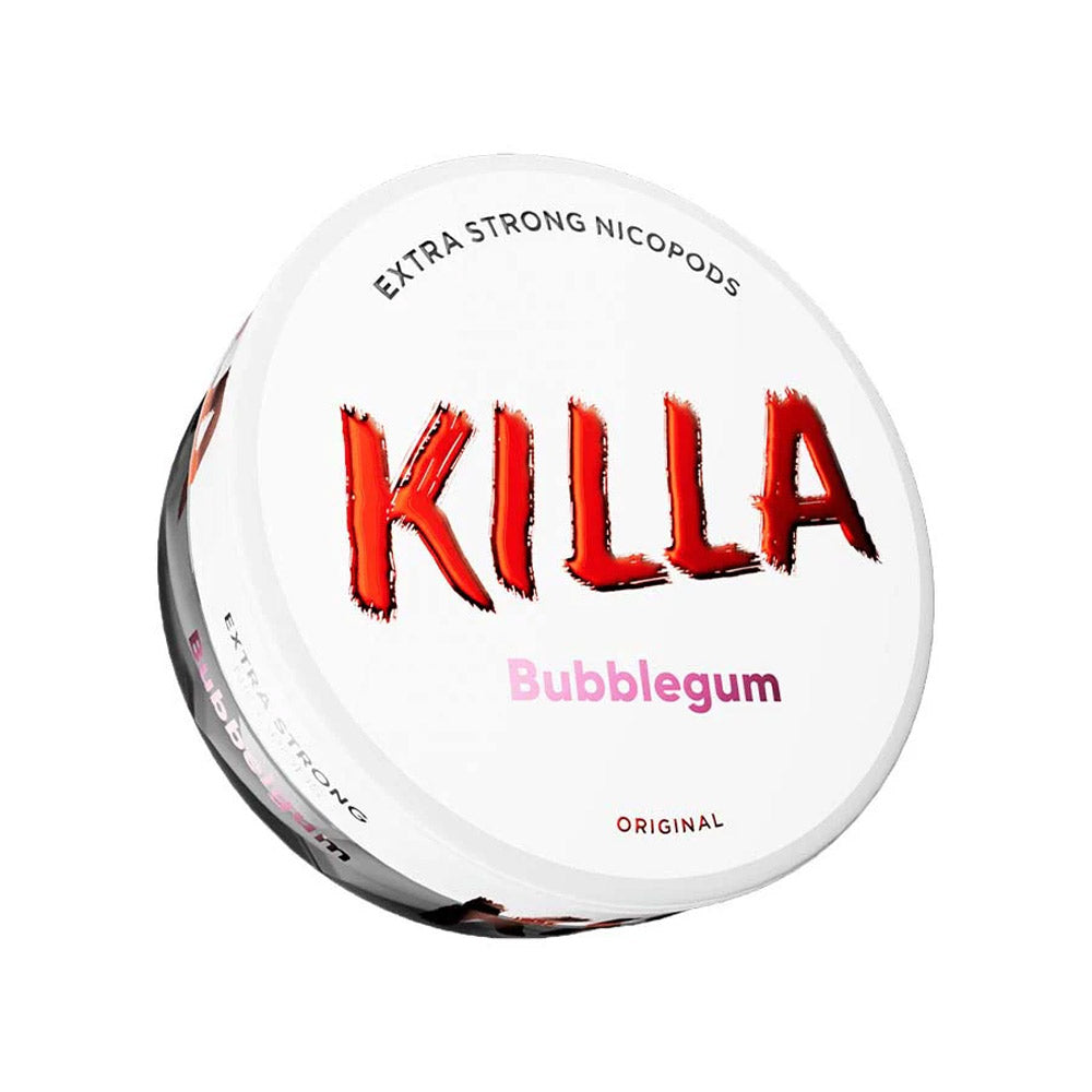 Killa Bubblegum nicotine pouch can, 16mg/g and 12.8mg per pouch