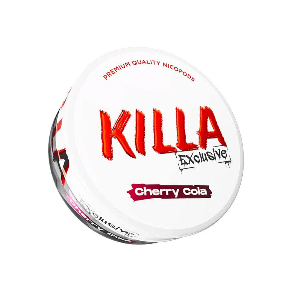 Killa Exclusive Cherry Cola nicotine pouch can, 16.5mg/g and 13.2mg per pouch