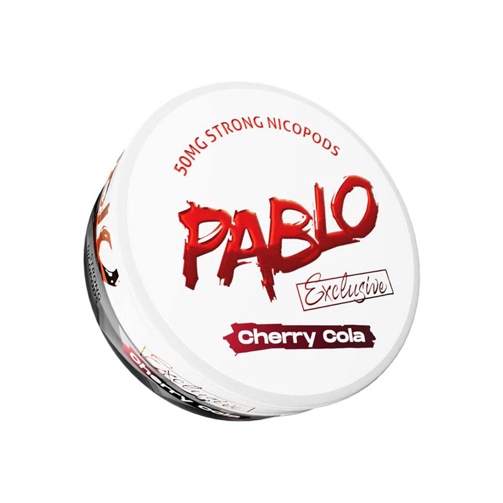 Pablo Exclusive Cherry Cola nicotine pouch can, 50mg/g and 30mg per pouch