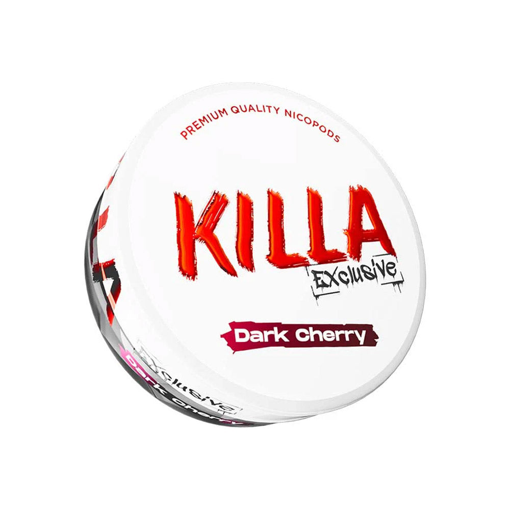 Killa Exclusive Dark Cherry nicotine pouch can, 16.5mg/g and 13.2mg per pouch