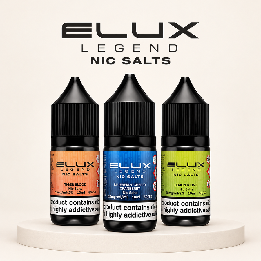 Three ELUX Legend nic salt bottles on an icy blue plinth