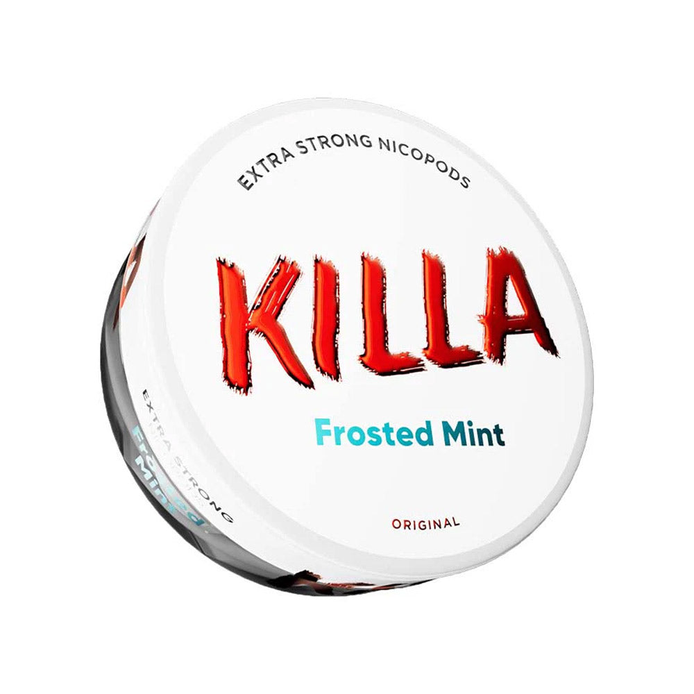 Killa Frosted Mint nicotine pouch can, 16mg/g and 12.8mg per pouch