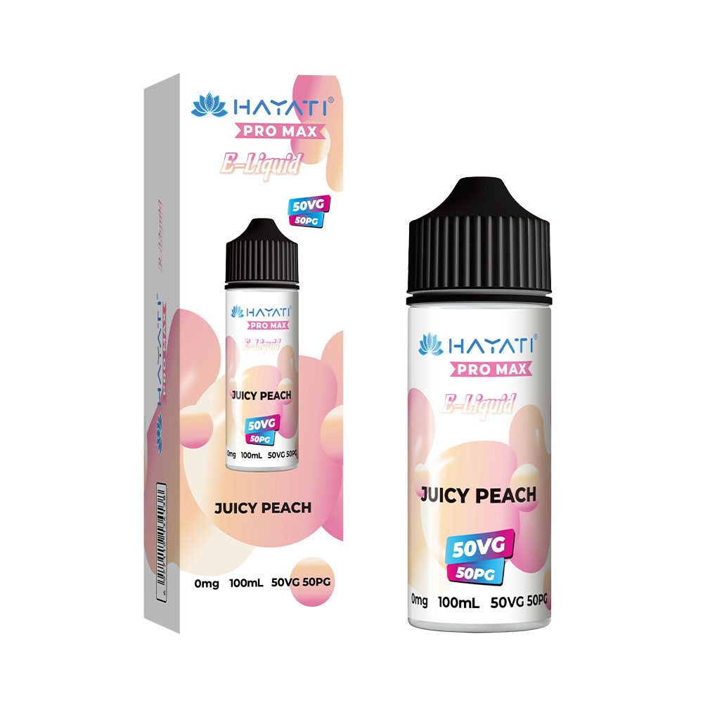 Hayati Pro Max Juicy Peach 100ml 50/50 shortfill e-liquid bottle