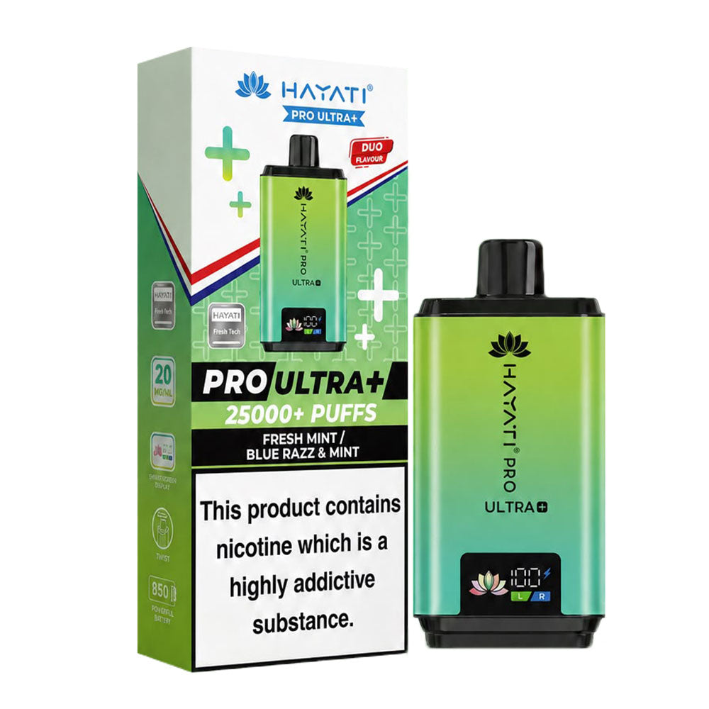 Hayati Pro Ultra+ 25K Fresh Mint / Blue Razz & Mint 20mg prefilled kit with device