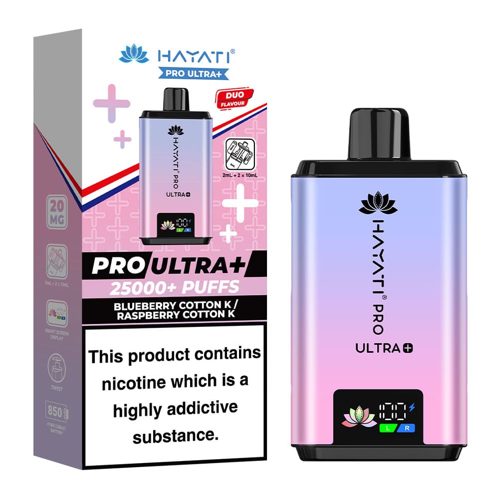Hayati Pro Ultra+ 25K Blueberry Cotton K / Raspberry Cotton K 20mg prefilled kit with device