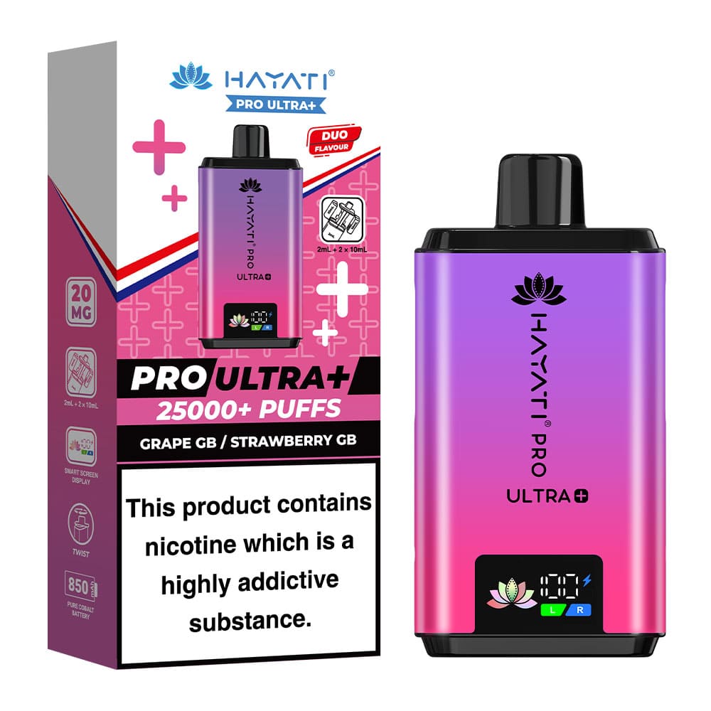 Hayati Pro Ultra+ 25K Grape GB / Strawberry GB 20mg prefilled kit with device