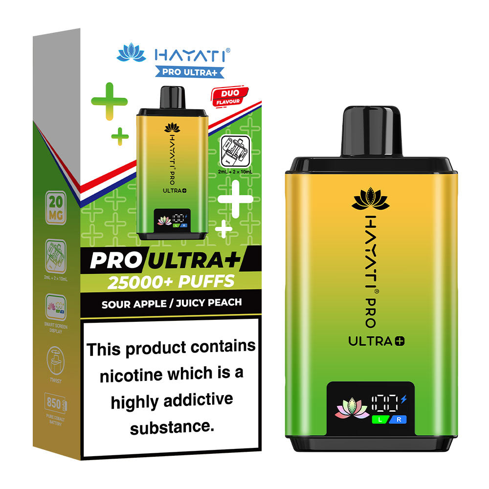 Hayati Pro Ultra+ 25K Sour Apple / Juicy Peach 20mg prefilled kit with device