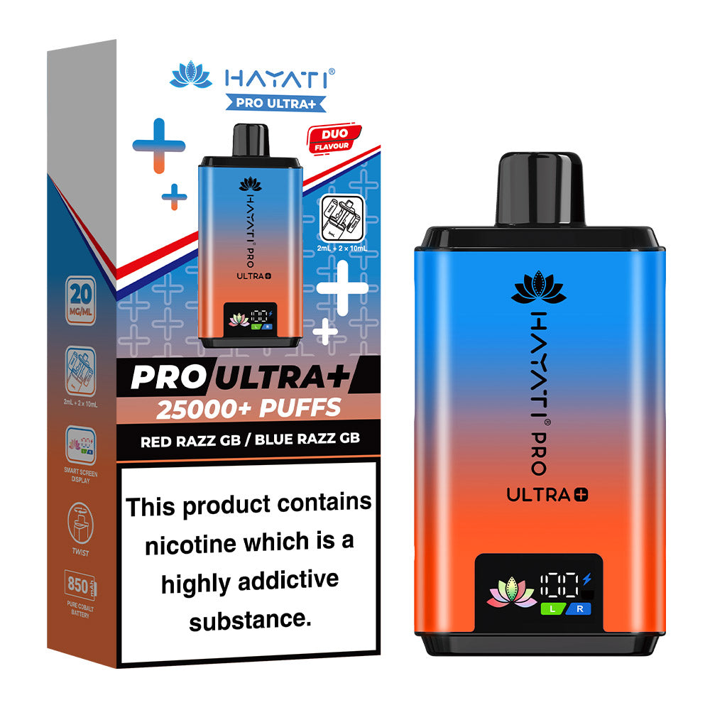 Hayati Pro Ultra+ 25K Red Razz GB / Blue Razz GB 20mg prefilled kit with device
