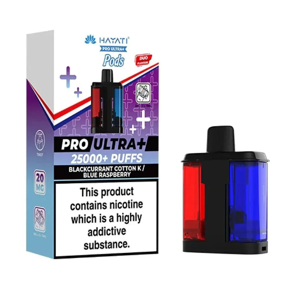 Hayati Pro Ultra+ 25K Blackcurrant Cotton K / Blue Raspberry 20mg replacement pod pack