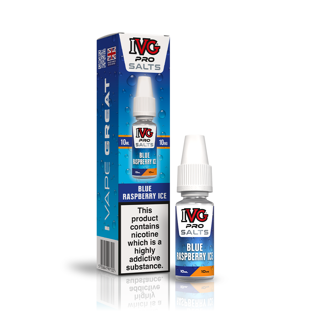 IVG PRO Salts Blue Raspberry Ice 10ml e-liquid bottle labelled 10mg
