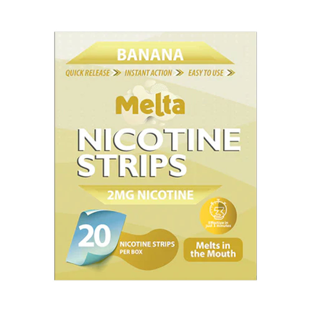 Melta Banana oral nicotine strips box, 2mg per strip, 20 strips