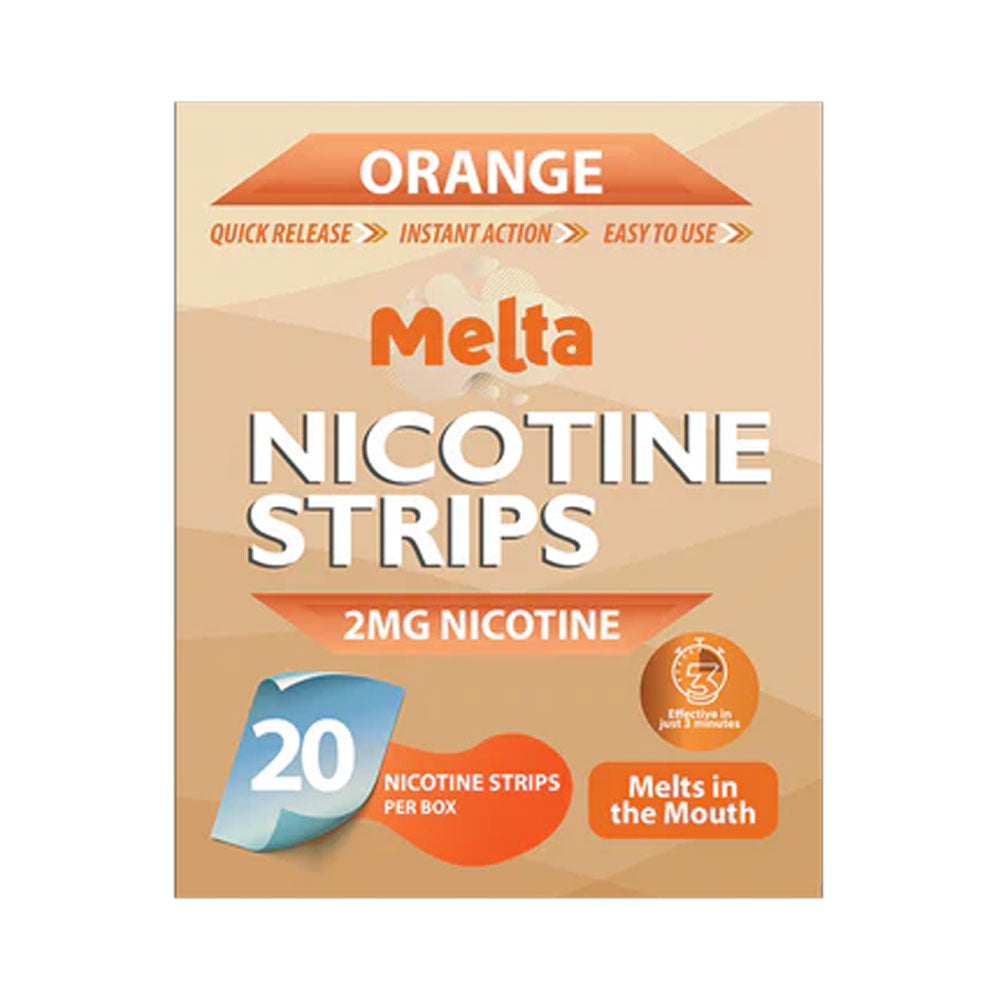 Melta Orange oral nicotine strips box, 2mg per strip, 20 strips