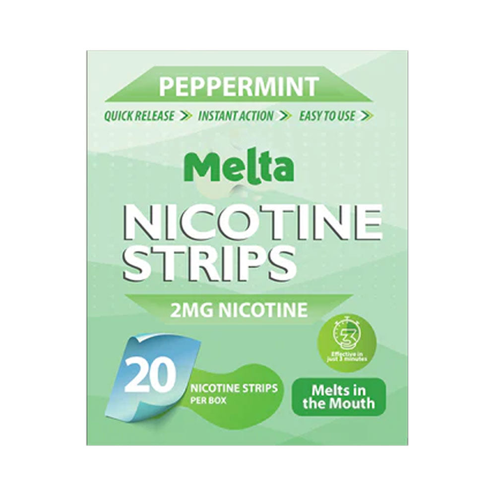 Melta Peppermint oral nicotine strips box, 2mg per strip, 20 strips