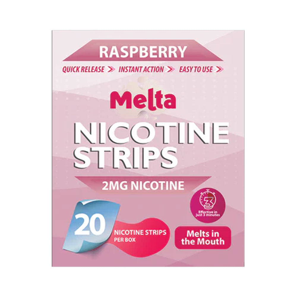 Melta Raspberry oral nicotine strips box, 2mg per strip, 20 strips