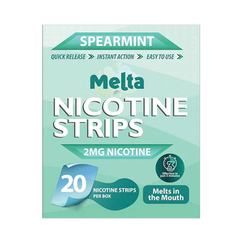 Melta Spearmint oral nicotine strips box, 2mg per strip, 20 strips