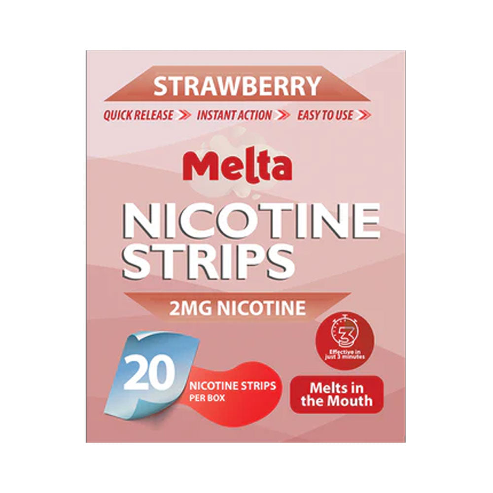 Melta Strawberry oral nicotine strips box, 2mg per strip, 20 strips