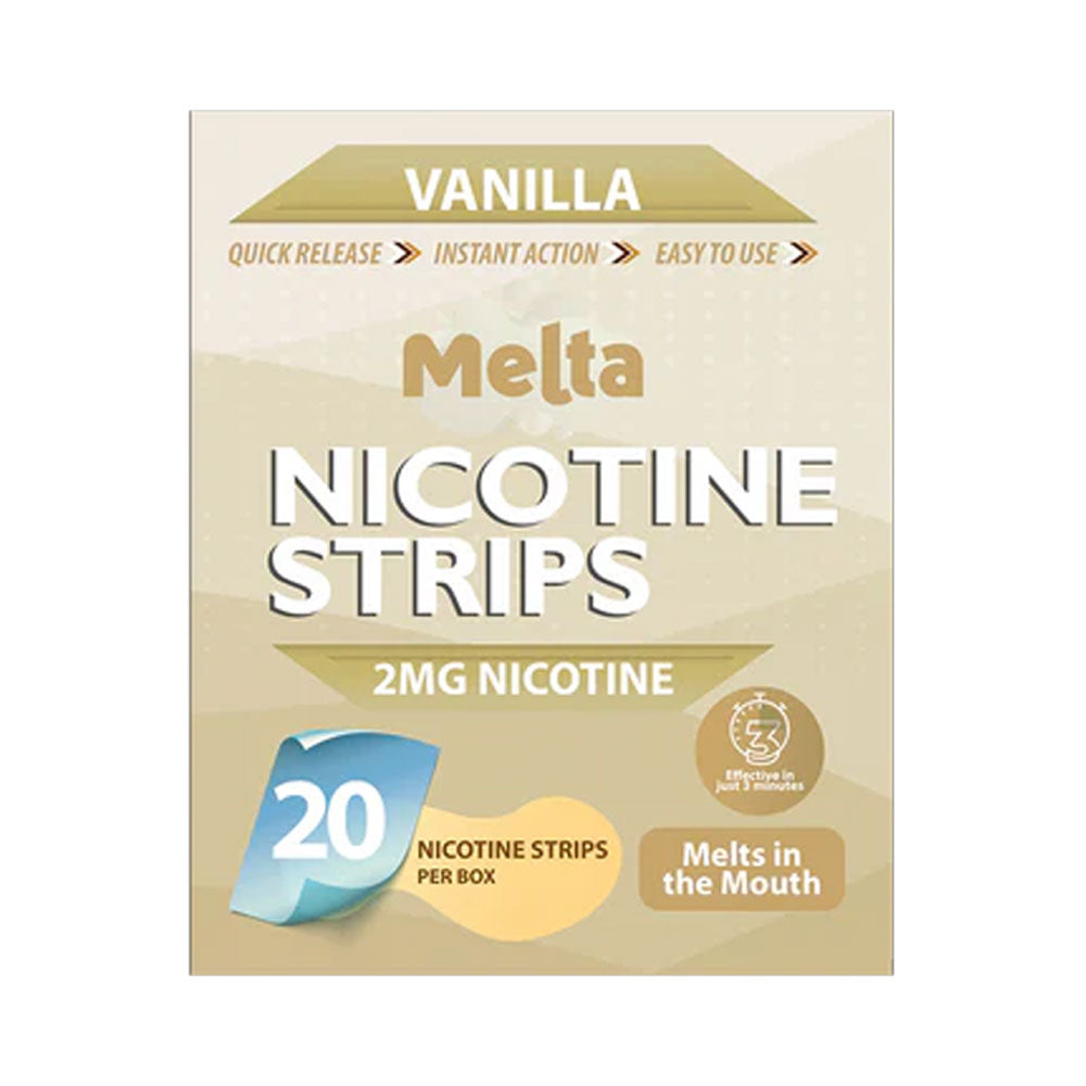 Melta Vanilla oral nicotine strips box, 2mg per strip, 20 strips