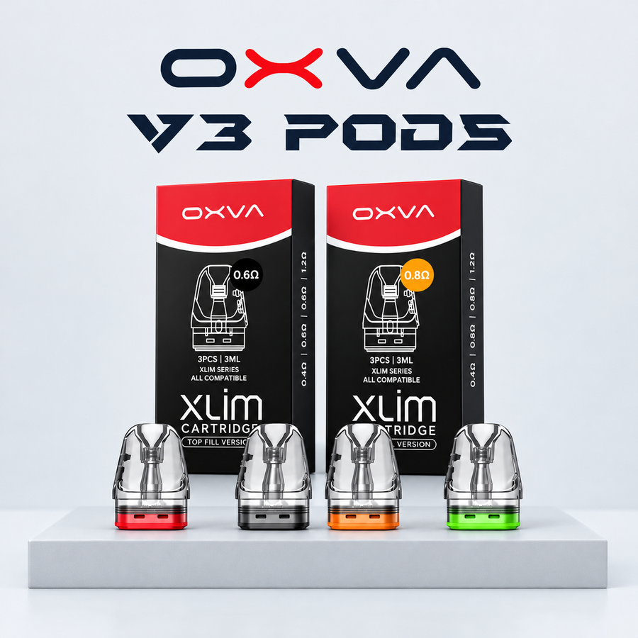 OXVA Xlim replacement pod packs and cartridges on a navy plinth