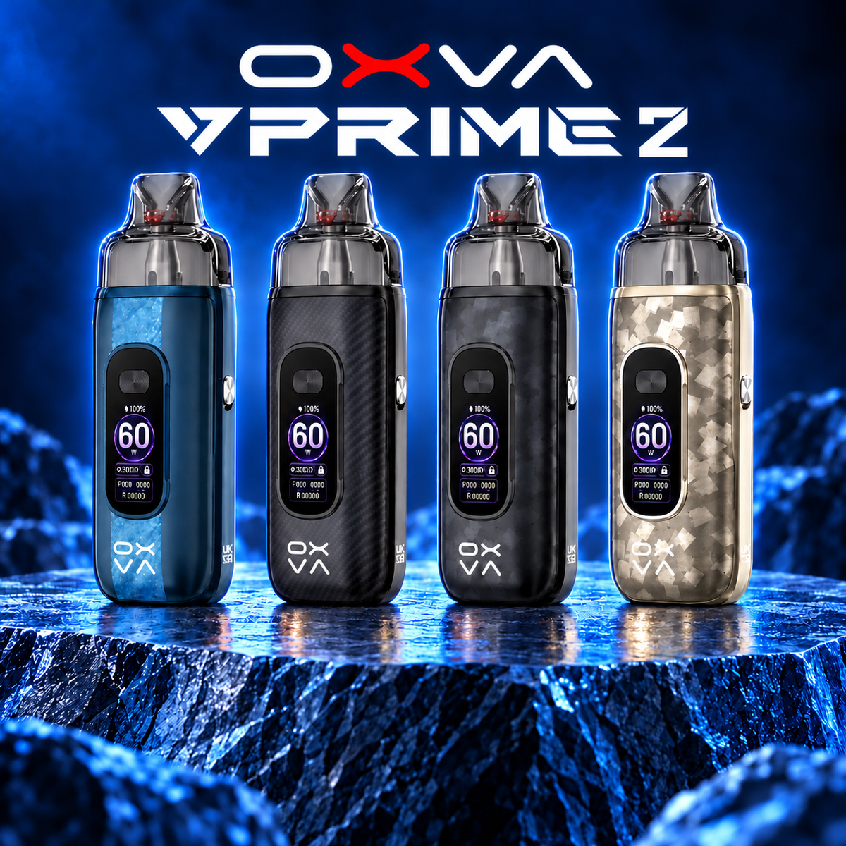 OXVA VPRIME 2 pod vape kits in Mirage Blue, Black Carbon, Shard Black and Shard Gold on a blue-lit stone display.