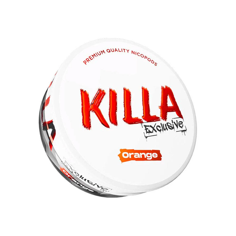 Killa Exclusive Orange nicotine pouch can, 16.5mg/g and 13.2mg per pouch