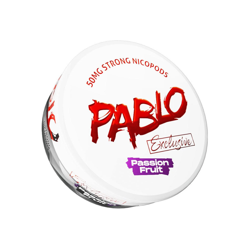 Pablo Exclusive Passion Fruit nicotine pouch can, 50mg/g and 30mg per pouch