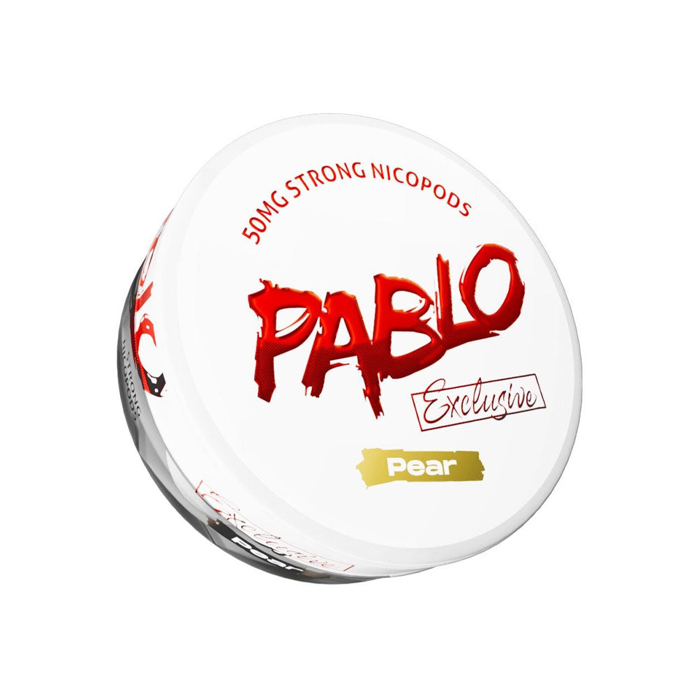 Pablo Exclusive Pear nicotine pouch can, 50mg/g and 30mg per pouch