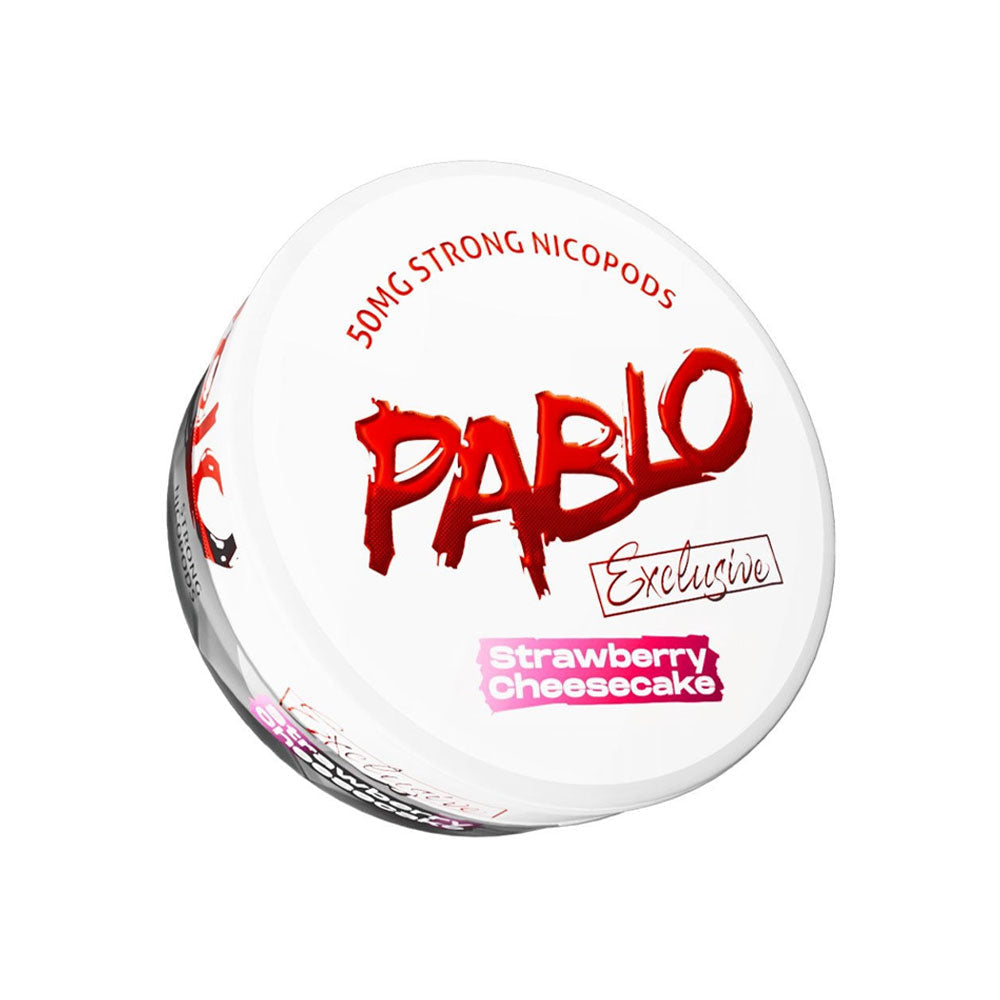 Pablo Exclusive Strawberry Cheesecake nicotine pouch can, 50mg/g and 30mg per pouch