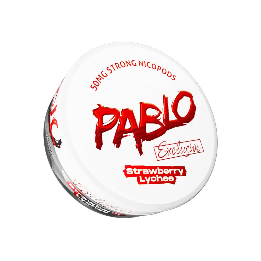 Pablo Exclusive Strawberry Lychee nicotine pouch can, 50mg/g and 30mg per pouch