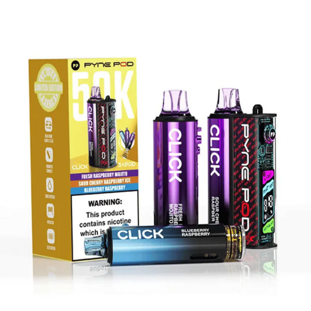 PYNE Pod Click 50K Raspberry Edition prefilled kit with device and three pod refill sets
