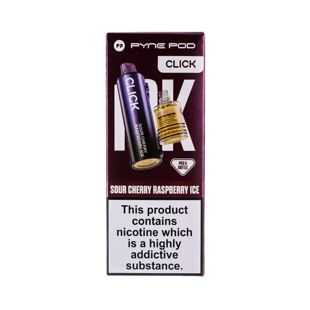Pyne Pod Click Sour Cherry Raspberry Ice prefilled pod and 10ml refill bottle