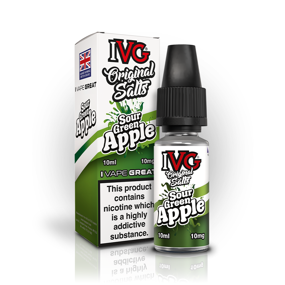 IVG Original Salts Sour Green Apple 10ml e-liquid bottle labelled 10mg