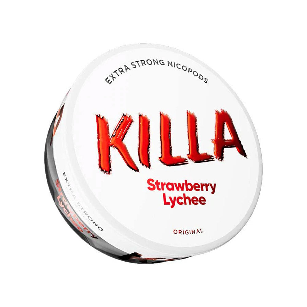 Killa Strawberry Lychee nicotine pouch can, 16mg/g and 12.8mg per pouch