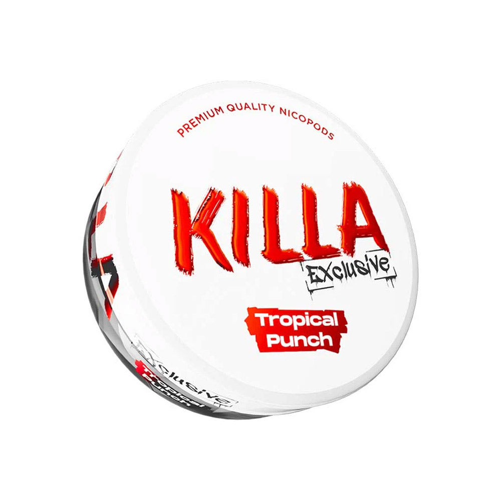 Killa Exclusive Tropical Punch nicotine pouch can, 16.5mg/g and 13.2mg per pouch