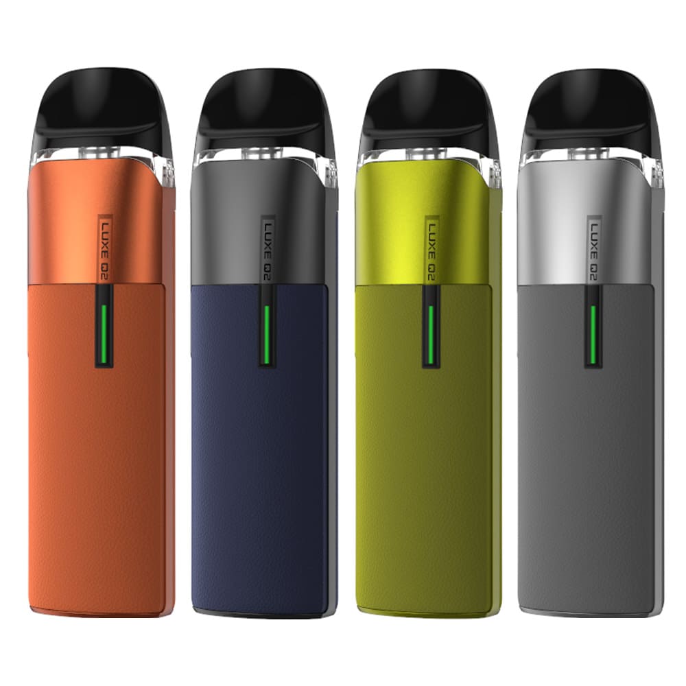 Vaporesso LUXE Q2 pod kits shown in orange, blue, green and grey finishes