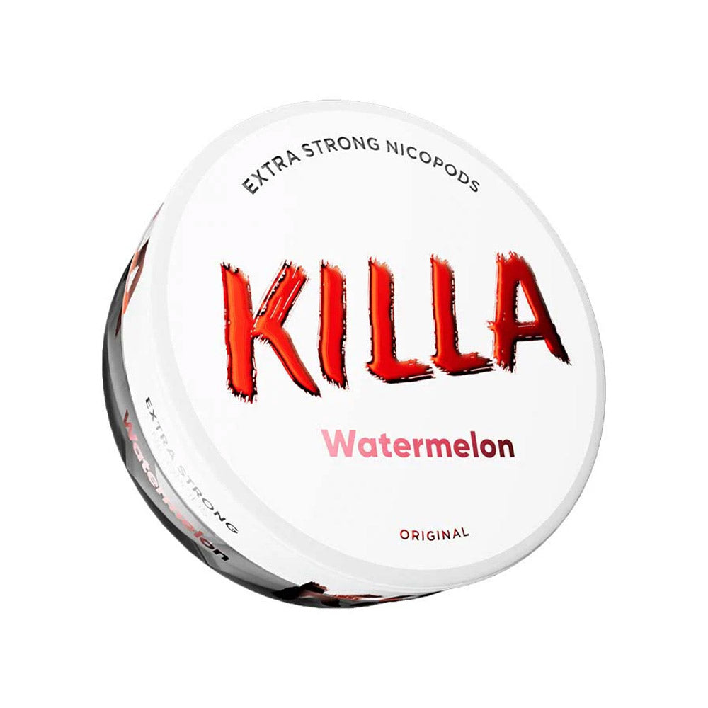 Killa Watermelon nicotine pouch can, 16mg/g and 12.8mg per pouch