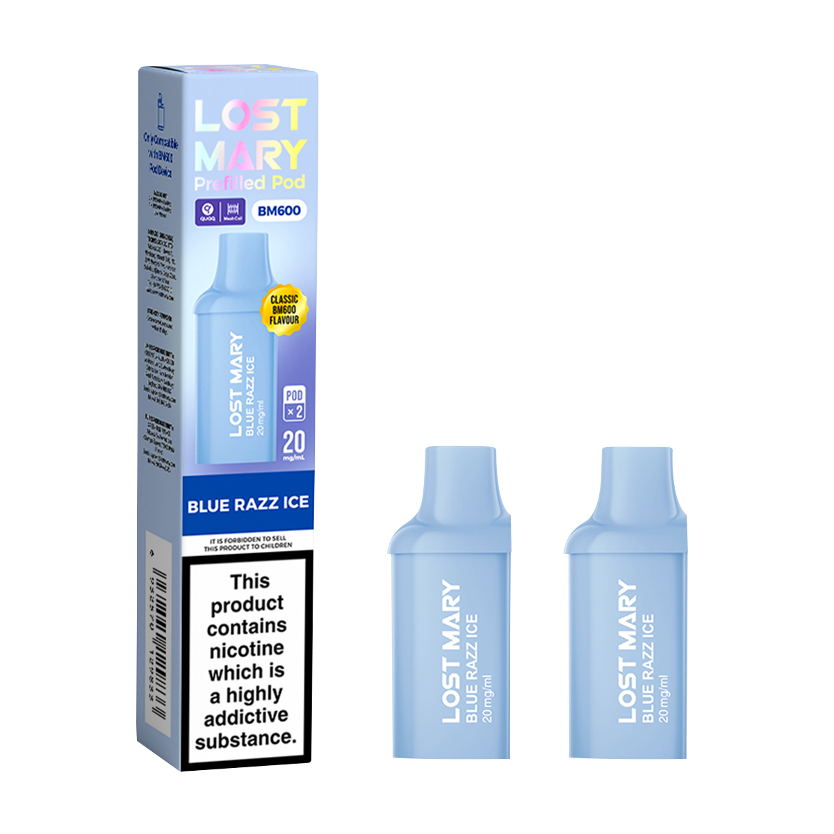 Lost Mary BM600 Blue Razz Ice prefilled replacement pods, pack of two