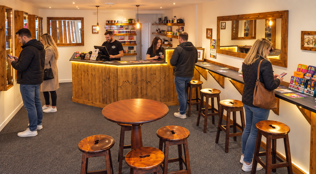 Illustration of Vape Saloon Southport shop with staff and customers