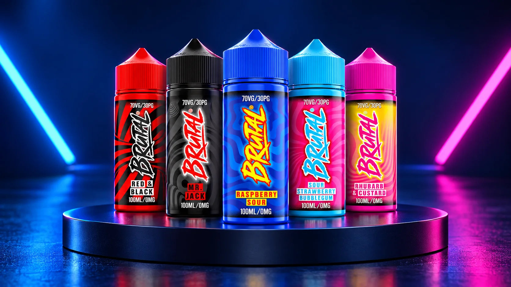 Just Juice Brutal shortfill bottles on a navy studio plinth