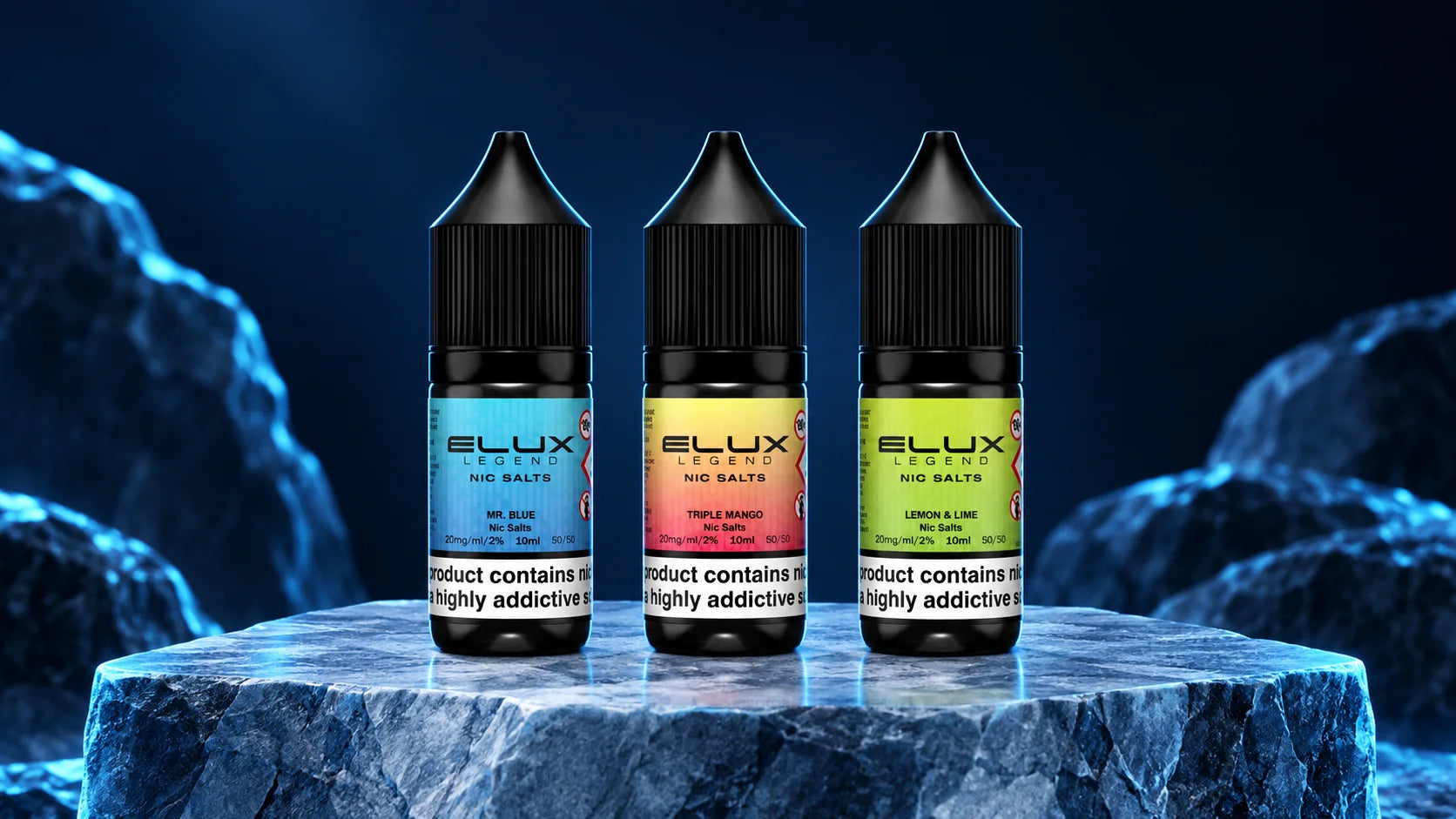 Three ELUX Legend nic salt bottles on an icy blue plinth
