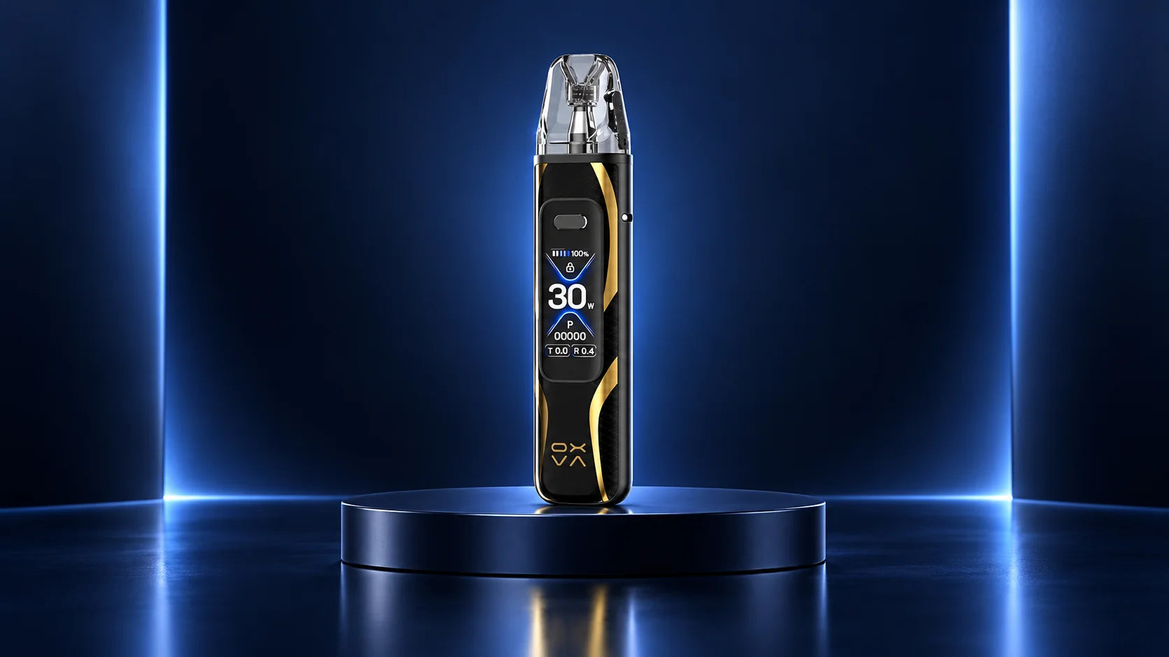 OXVA Xlim Pro 3 kit on a navy-lit studio plinth