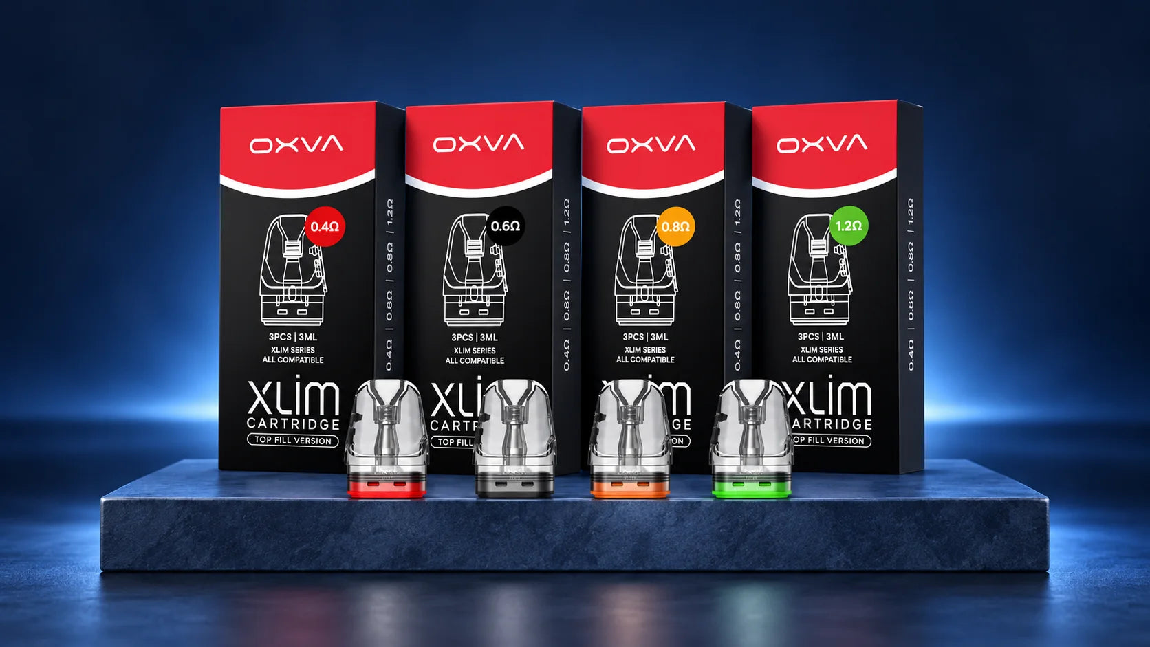 OXVA Xlim replacement pod packs and cartridges on a navy plinth